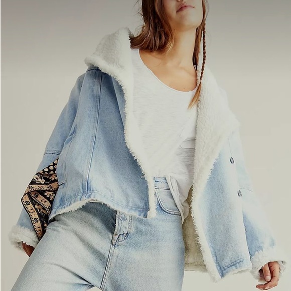 Free people twisted heart cozy denim jacket coat shearling fleece we the free M - Picture 2 of 9